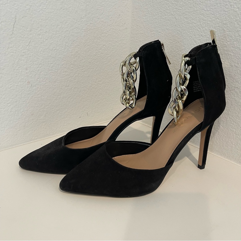 BCBG Black Heels with Gold Bracelet Strap Size 7.5
